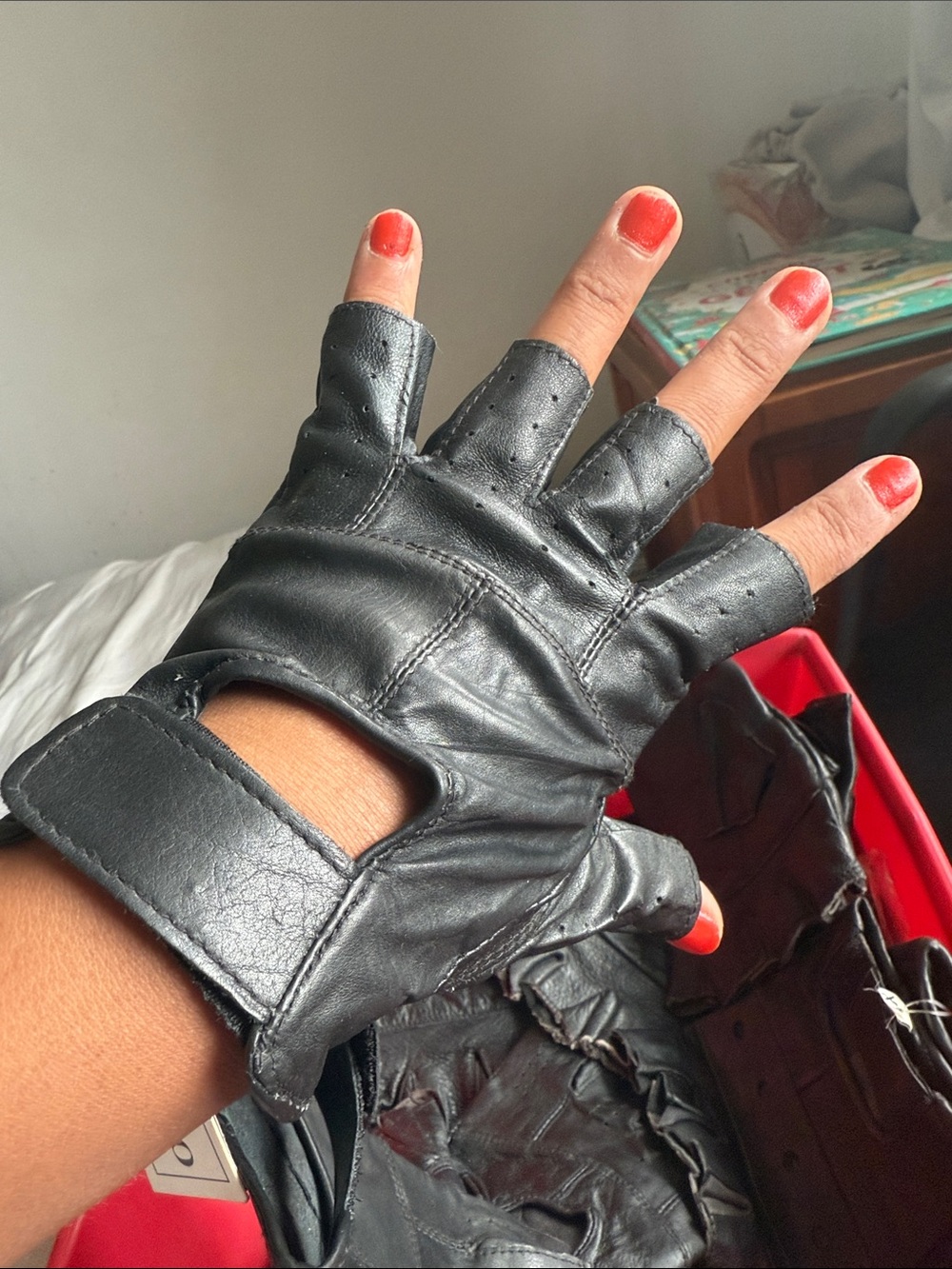 Black Fingerless Leather Driving Gloves|XL